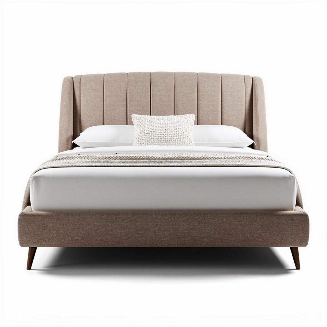Cama de casal em tecido bege com cabeceira estofada 210 x 160 x 120cm