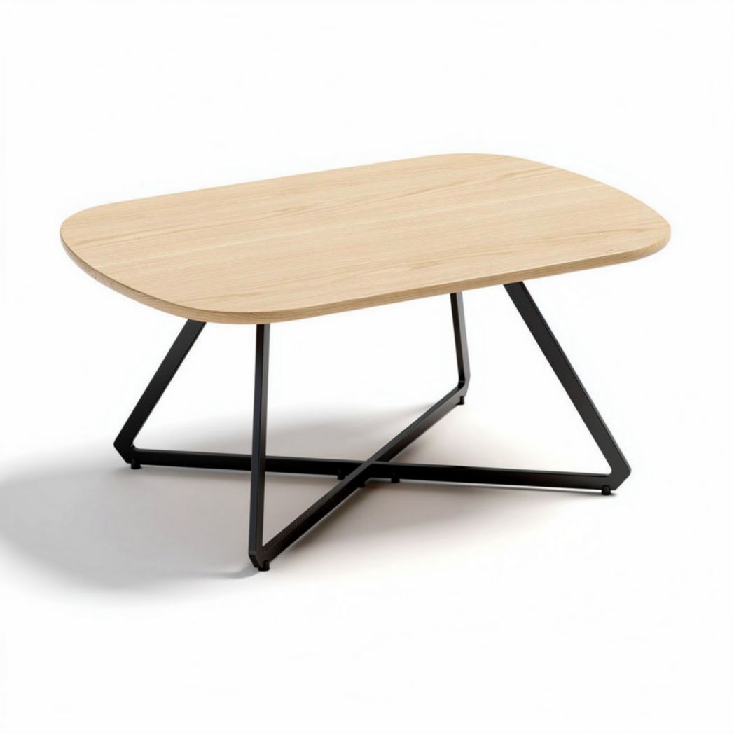 Mesa de centro retangular em madeira clara com estrutura de metal preto 120 x 80 x 75cm