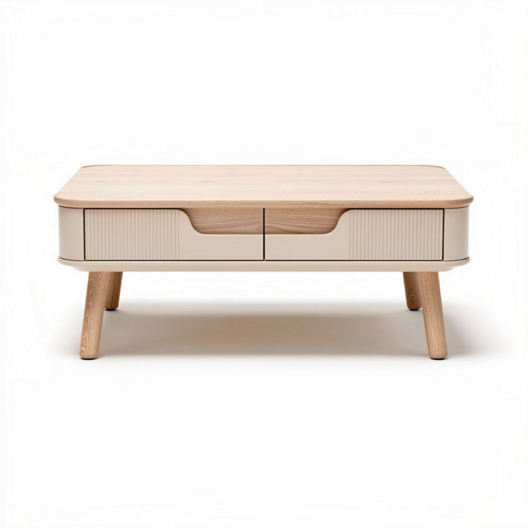 Mesa de centro em madeira com dois gavetões 120 x 60 x 45cm cor bege